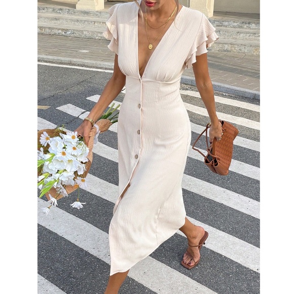 Beige Midi Dress V-Neck Ruffle Sleeve Button Through - Picture 4 of 9